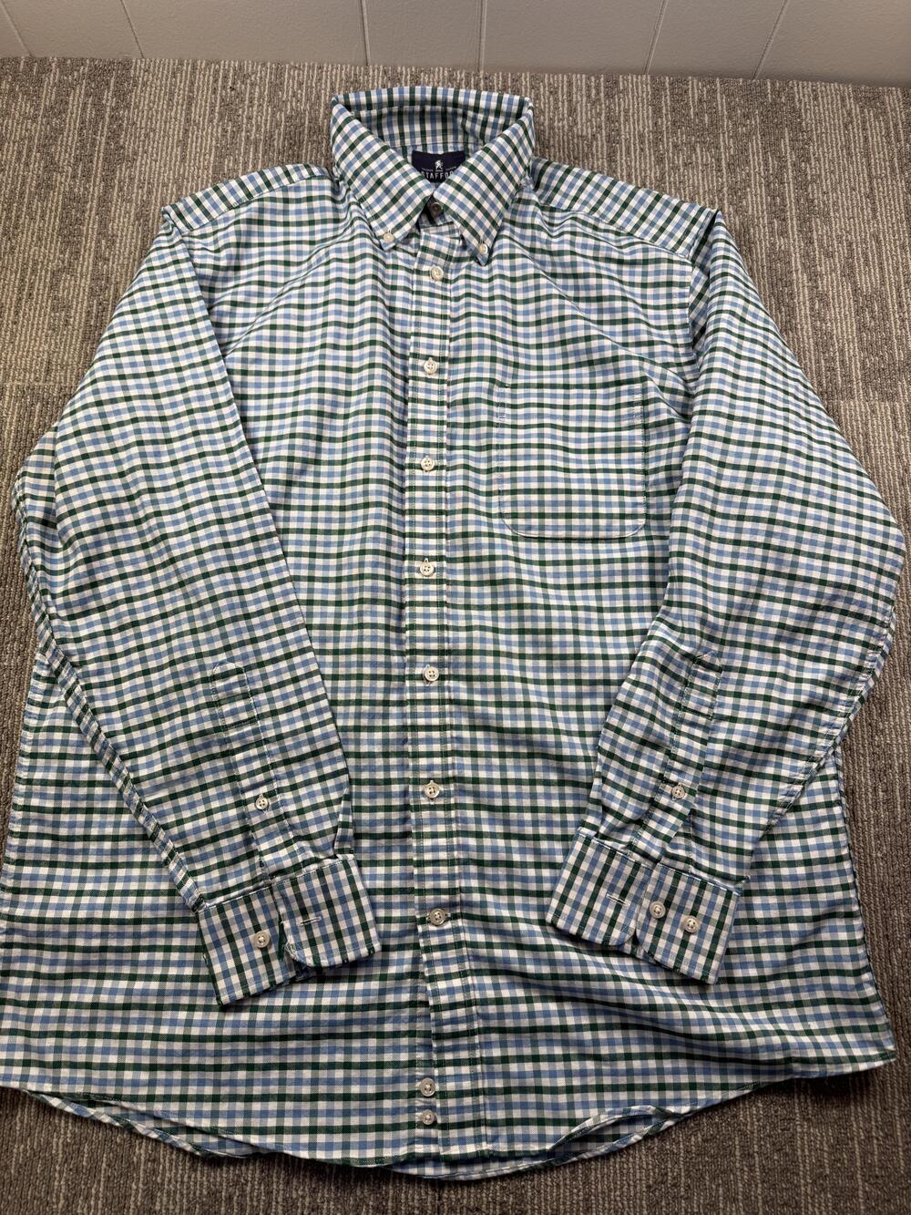 Stafford Dress Shirt Mens XL Blue Green Gingham Travel Wrinkle Free Oxford LS